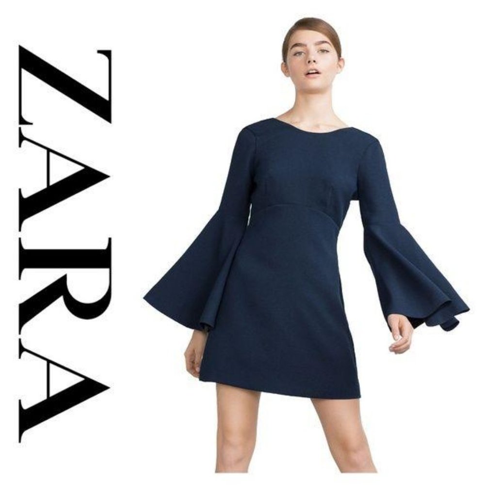 Zara Bell Sleeve Navy Shift Dress S